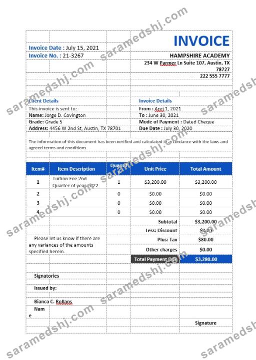 School Tuition Invoice Template